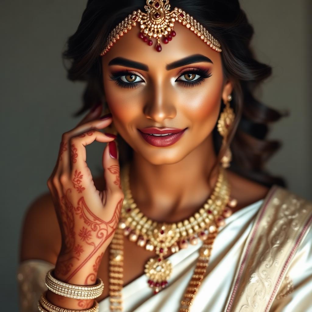 South Asian bride with deep brown skin, gold and ruby jewelry, henna, and an ivory silk saree in soft studio light for Avenue. Beauty