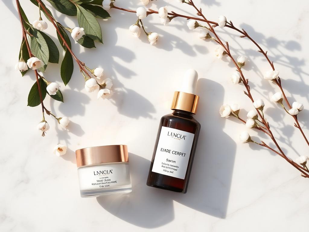Skincare products arranged on a marble surface