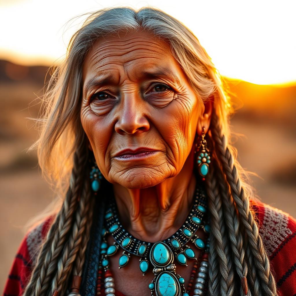 Dignified portrait of an Indigenous Navajo elder with long silver braided hair and traditional turquoise and silver jewelry at desert sunset in New Mexico for Avenue. Cosmetics
