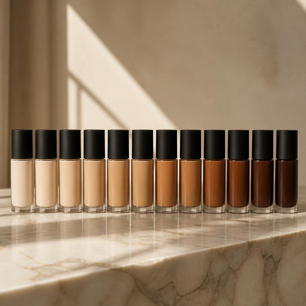 A row of twelve unbranded glass foundation bottles in a gradient of shades from very fair to deep espresso, arranged on a cream marble surface in soft directional light for Avenue. Cosmetics