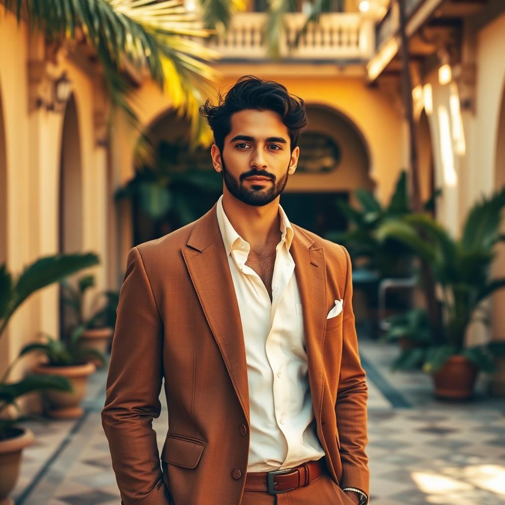 Latino man in a tailored tobacco linen suit standing in a sunlit Havana courtyard with tropical plants and colonial architecture for Avenue. Fashion