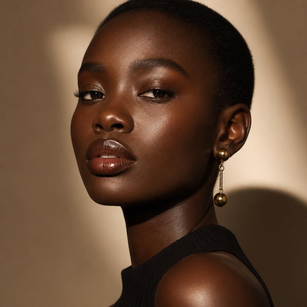 Editorial beauty portrait of a Black woman with radiant deep skin, close-cropped natural hair, and glossy sculpted lips in warm studio light for Avenue. Beauty
