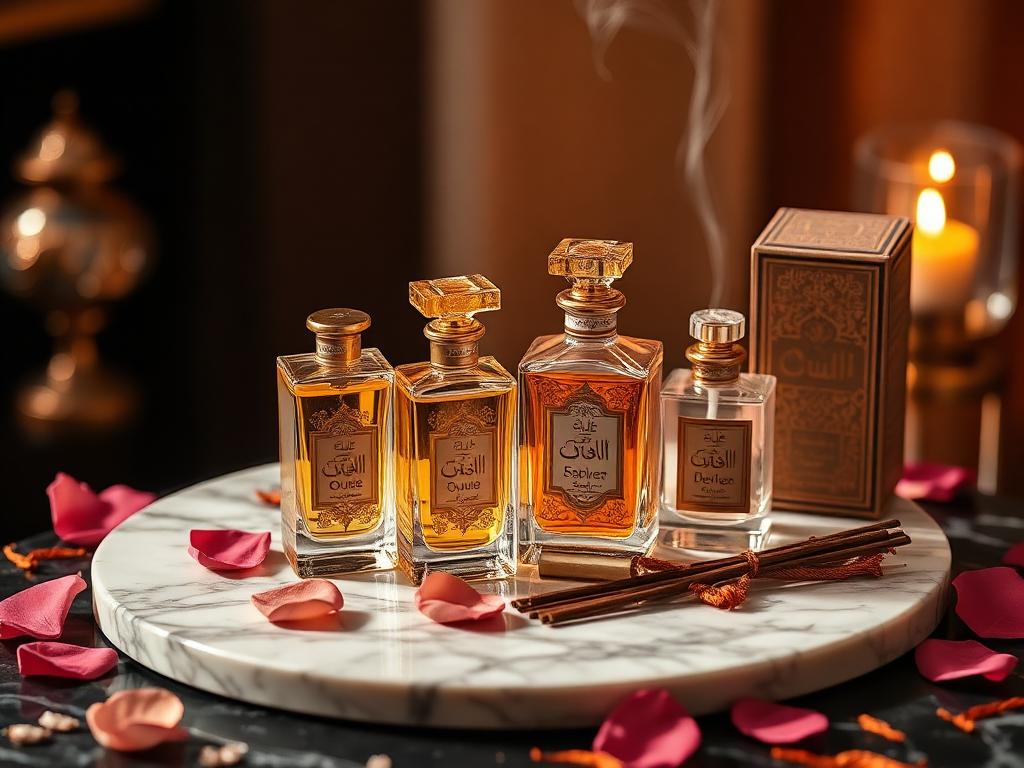 Ornate Middle Eastern perfume bottles and oud incense on a marble tray with rose petals and saffron in warm ambient light for Avenue. Cosmetics