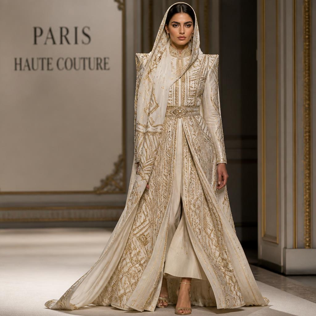 Middle Eastern woman model in an architectural cream and gold hand-embroidered couture gown walking a minimalist Paris haute couture runway for Avenue. Runway