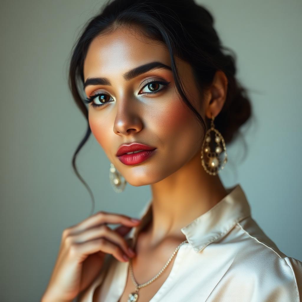 Editorial beauty portrait of a South Asian transgender model with luminous dewy skin, soft natural makeup, and antique gold earrings for Avenue. Beauty