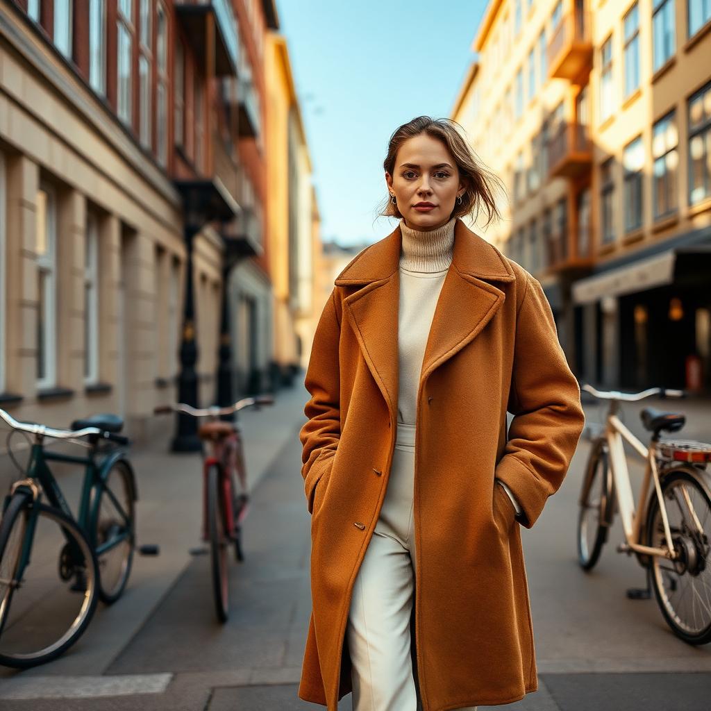 Scandinavian model in an oversized camel wool coat walking a Copenhagen street lined with bicycles in warm autumn light for Avenue. Fashion