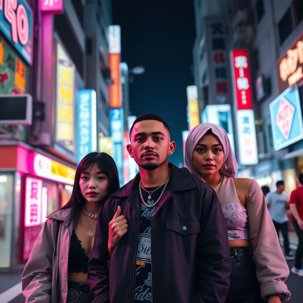 Diverse group of friends — an East Asian woman, a Latino man, and a Middle Eastern non-binary creative in a hijab — wearing avant-garde streetwear under neon signs in Shibuya, Tokyo for Avenue. Fashion